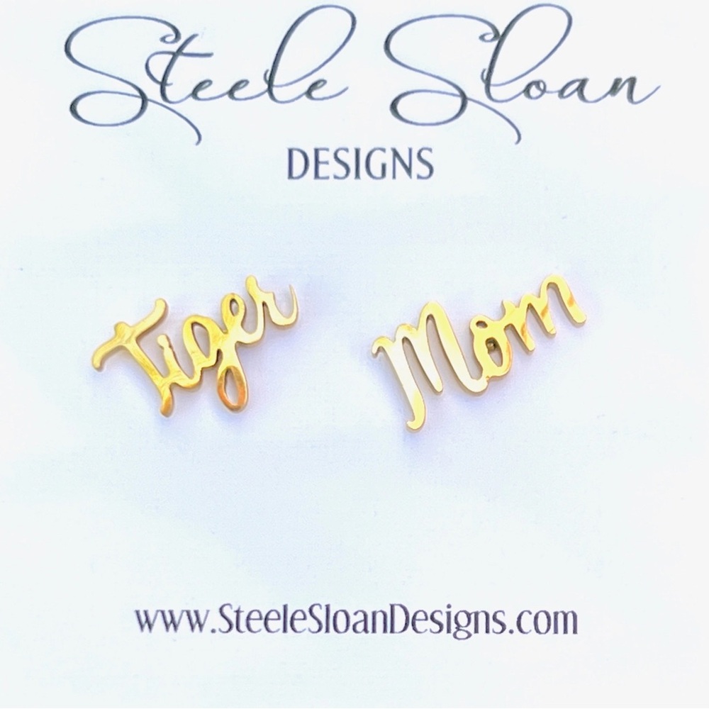 Tiger Mom Script Gold Stud Earrings